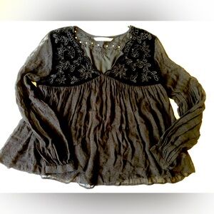 Zara Basic Beaded Black Velvet & Dotted Swiss Long Sleeve Flowing Boho Top Sz M
